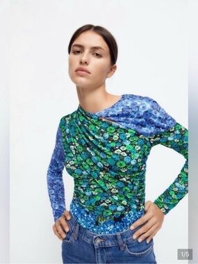 Zara Blue and Green Floral Long-Sleeve Top